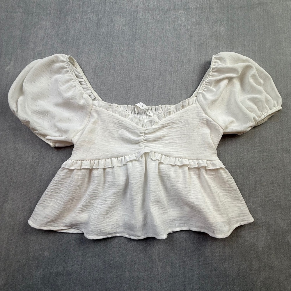 Altar'd State White Puff Sleeve Babydoll Top Smocked Ruffle Dobby Blouse Small